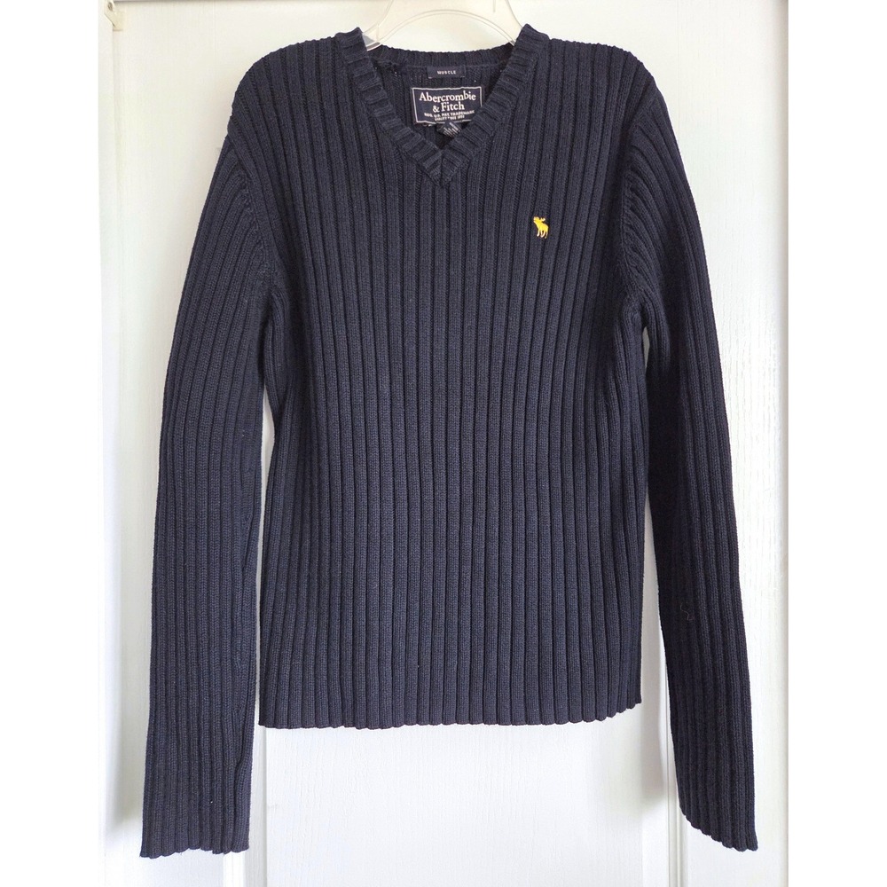 VTG Abercrombie Fitch Navy Blue Ribbed V-Neck Muscle Fit Cotton Sweater Sz L Y2K